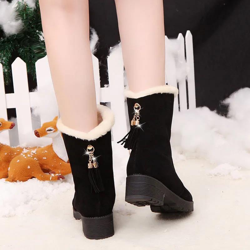Snow Boots Women's Warm and Velvet Autumn and Winter Women's Short Boots Thick-soled Thick-heeled Fringed Mid-tube Boots