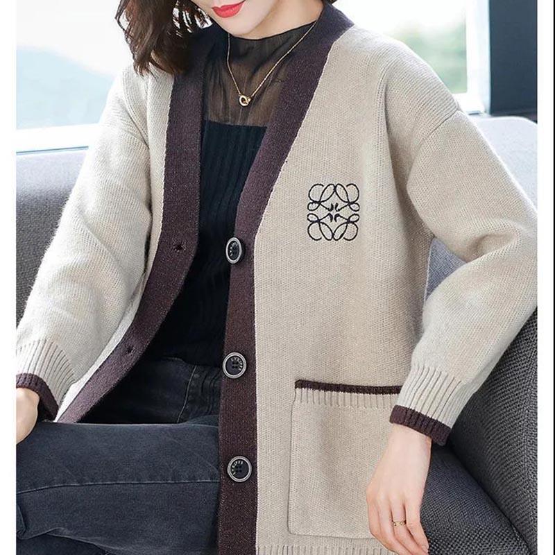 Knitted Cardigan Ladies Spring and Autumn Embroidered Pocket Loose V-Neck Thickened Plus Size Sweater Jacket