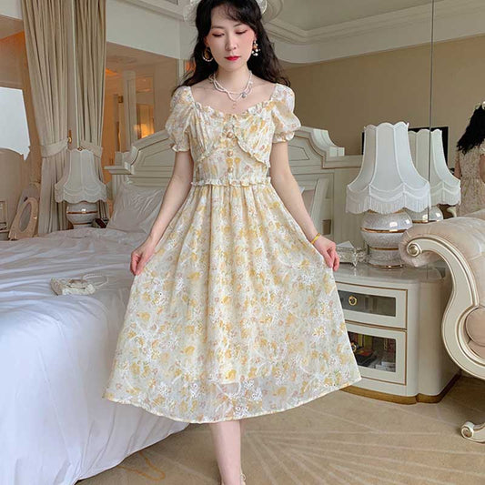 Comfortable and Gentle Floral Long Skirt French High Waist Slim Dress Women's Summer Style