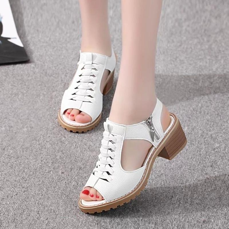 Thick Heel Sandals Female Summer Flat Bottom Korean Students Wild Fish Mouth Retro Princess Mid-heel Female Shoes