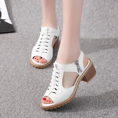 Thick Heel Sandals Female Summer Flat Bottom Korean Students Wild Fish Mouth Retro Princess Mid-heel Female Shoes