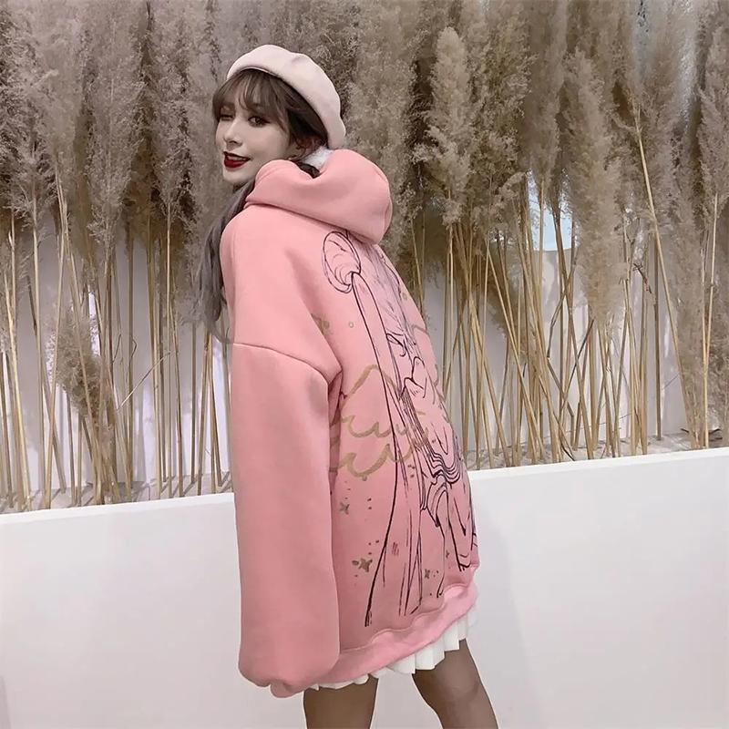 Japan Anime Printed Hoodies Women White Pink Fashion Oversized Streetwear Harajuku Sweatshirt Winter Fleece Pullover Tops Plus Size Loose Clothes