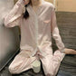 Women's Spring Autumn Pajamas Set Ice Silk V Neck Sexy Lace Long-sleeved Shirt Trousers Two-piece Set Solid Loose Homewear Comfortable Sleeping Suit