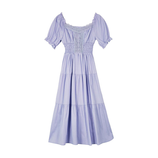Female Simple and Elegant Travel Casual Dress Bubble Sleeve Slim Square Collar Long Dress In Summer