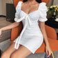 Retro Square Collar Dress Female Summer New Slim Slimming Bow Temperament Bubble Sleeve Bag Hip Skirt