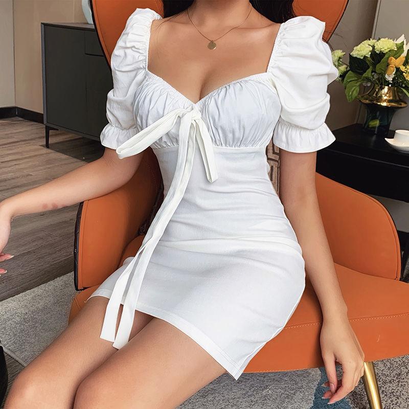 Retro Square Collar Dress Female Summer New Slim Slimming Bow Temperament Bubble Sleeve Bag Hip Skirt