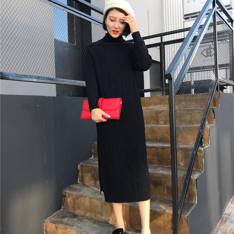 Women Turtleneck Knitwear Dress Long Knitted High Waist Solid Color Sweater Skirt Thick