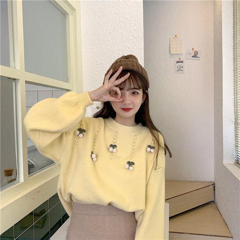 Autumn  Winter Korean Version Sweet Three-dimensional Cherry Pullover Long-sleeved Sweater Sweater Women Loose Outer Wear