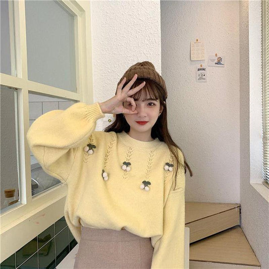Autumn  Winter Korean Version Sweet Three-dimensional Cherry Pullover Long-sleeved Sweater Sweater Women Loose Outer Wear