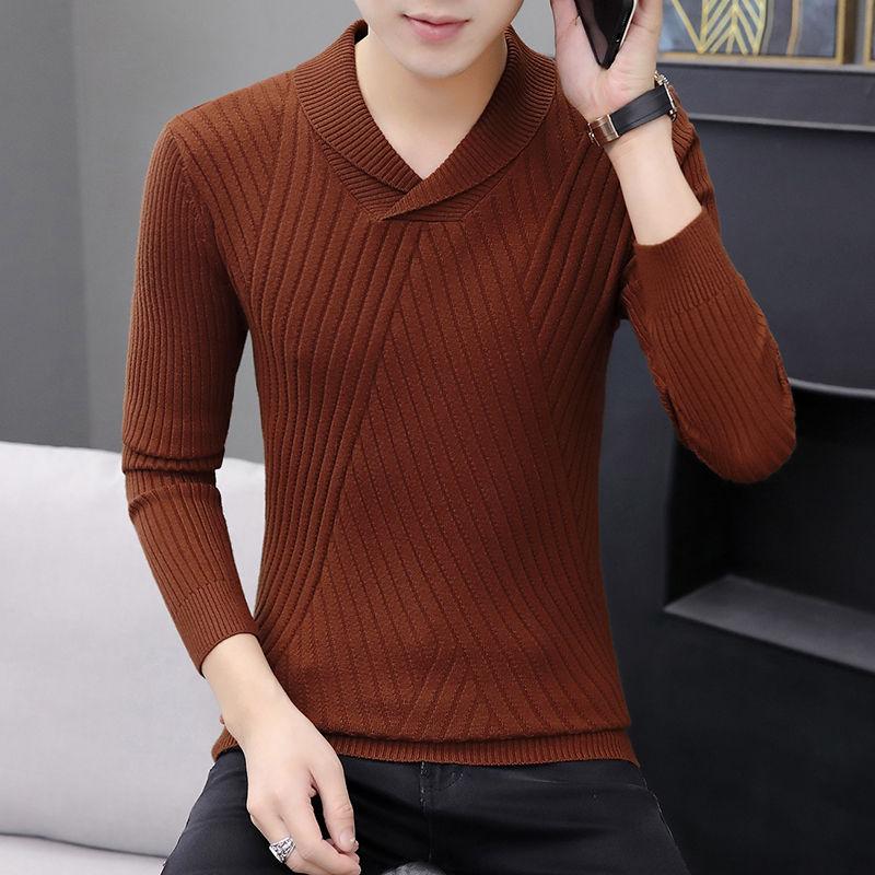 Fall/Winter Men's Lapel Sweater Fashion Personality Knitwear Pure Color Long Sleeve Youth Base Shirt