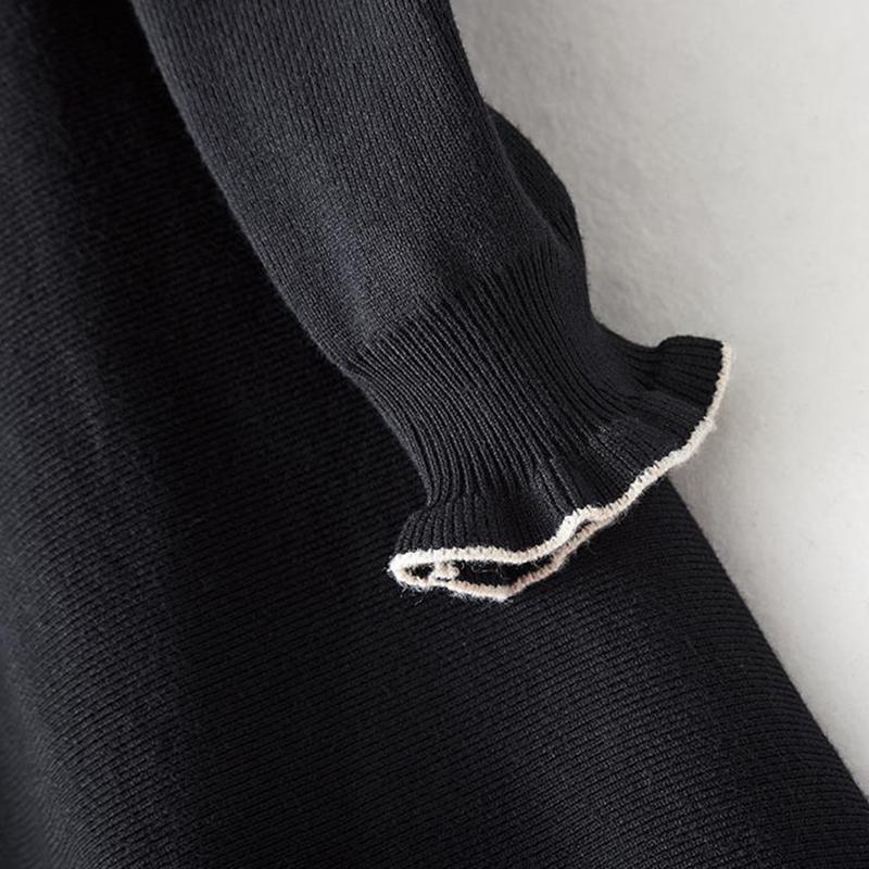 Little Black Dress with Wooden Ears Spring and Autumn 2021 New FashionThin Waist Thin Temperament Dress