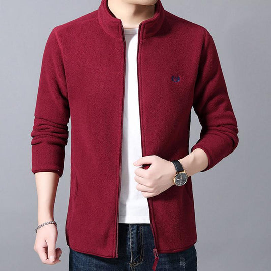 Men's Stand Collar Fleece Jacket Long Sleeve Warm Casual Jacket Double Sided Fleece Solid Color Cardigan Soft Fabric Zipper Jacket