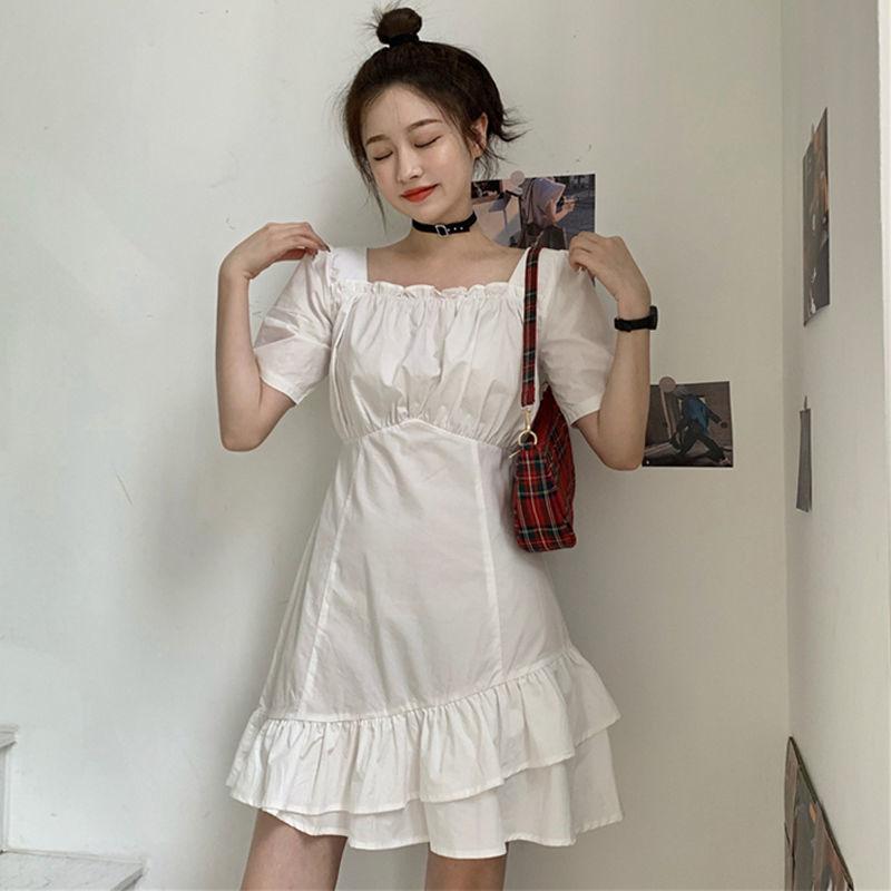 Women's Spring and Summer French Elegant Thin Irregular Square Collar Waist Slim Ruffle Dress