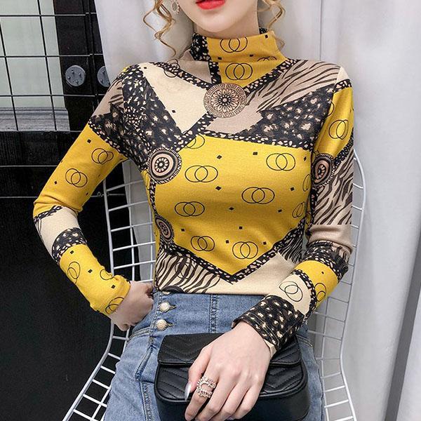 Spring and Autumn Slim Print High Neck Long Sleeve Tops Women's Large Size Stretchy Casual Bottoming Shirts