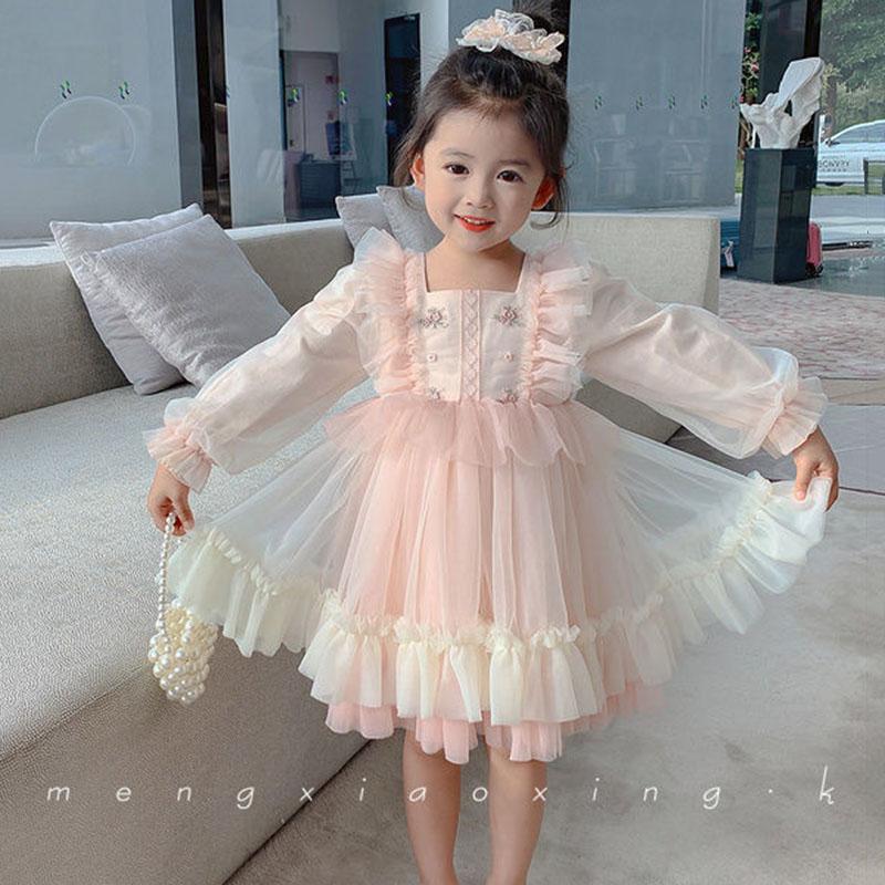 Girls Embroidery Dress Children's Cute Puff Skirt Mesh Princess Dress Baby Girl Spring Dress Long Sleeve Lace Pink Dress