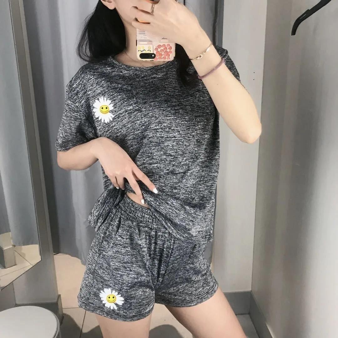 2PCS Summer Daisy Quick-drying Suit Ladies Yoga Clothes Running Sports Thin Breathable T-shirt Shorts Two-piece Set