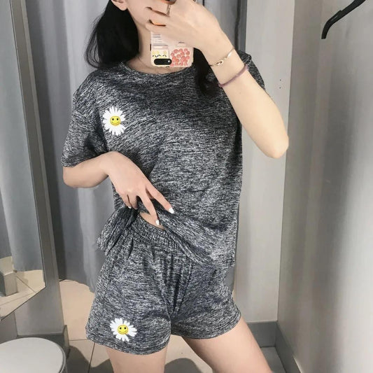 2PCS Summer Daisy Quick-drying Suit Ladies Yoga Clothes Running Sports Thin Breathable T-shirt Shorts Two-piece Set