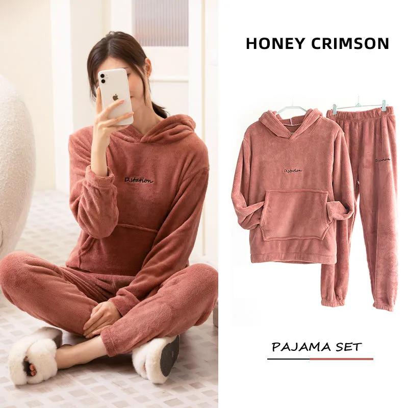 Coral Fleece Pajamas for Women and Men Pyjamas Set Flannel Hoodie Pullover Sleepwear Autumn Winter Velvet Warm Home Wear Suit Casual Loose Long Sleeve