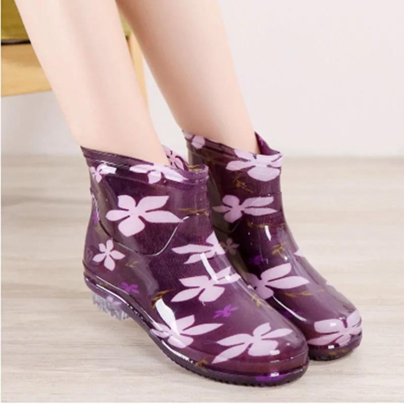 Print Rain Boots Women Waterproof Work Shoes for Girls Non Slip Anti Skip PVC Water Shoes Rain Boots Mid-Calf Boots