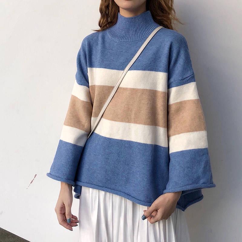 Thick Color-matching Turtleneck Female Autumn Winter Striped Bottoming Sweater Loose Top