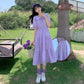 Cute Sweet Well-behaved Girl Solid Color Bow Ruffle Mid-length A-shaped Skirt Age Reduction Looser  Short Sleeve Dress