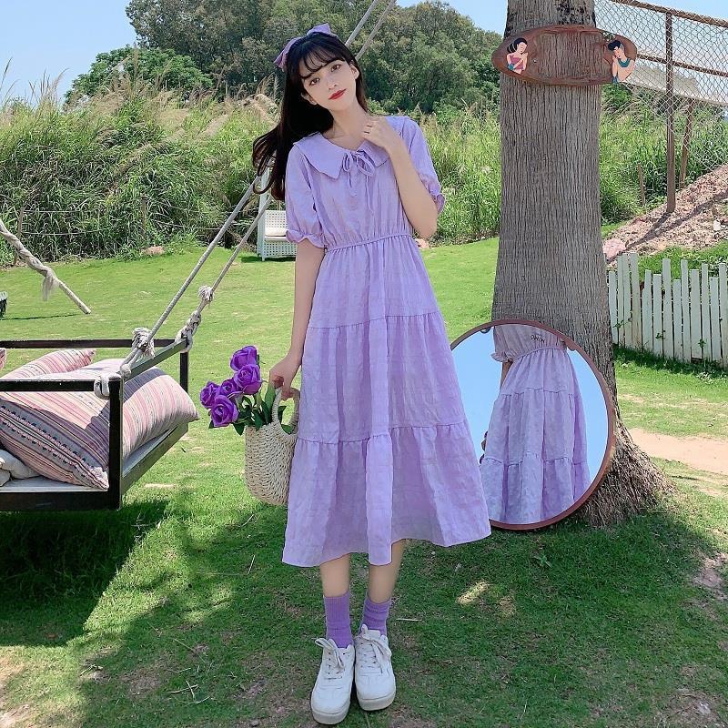 Cute Sweet Well-behaved Girl Solid Color Bow Ruffle Mid-length A-shaped Skirt Age Reduction Looser  Short Sleeve Dress