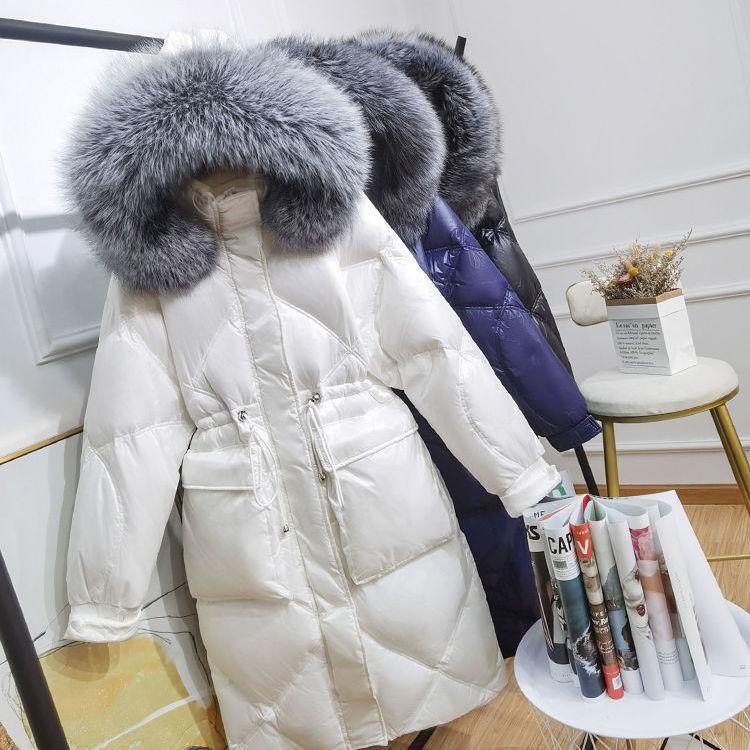 Black Shiny Down Jacket Women's Mid-length, Waist, Explosive, Large Fur Collar, Thickened Tooling Jacket
