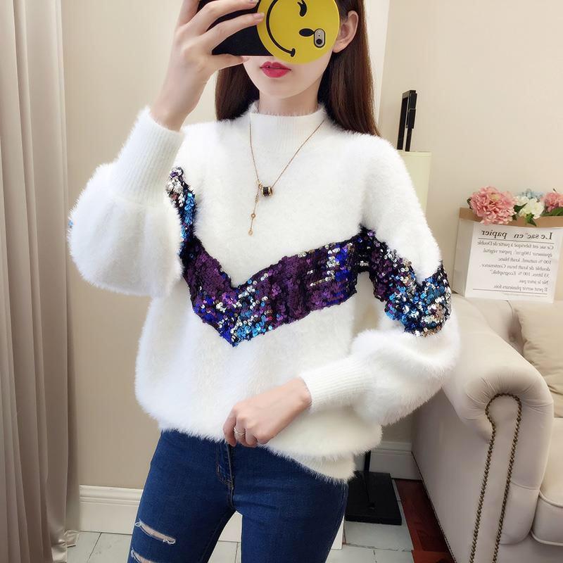Pofulove women knitted sweater mohair thick pullover top loose half  turtleneck sweater coat Winter jumper pullover