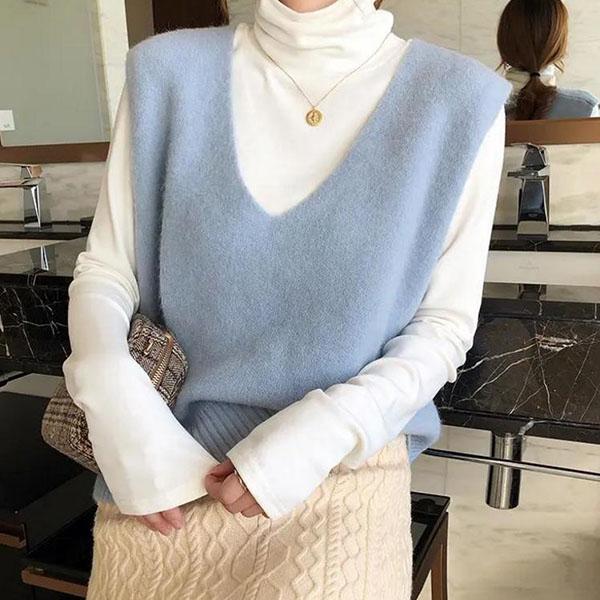 Short All-match Outer Wear Vest Women V-neck Loose Knit Waistcoat Solid Color Sleeveless Soft Sweater