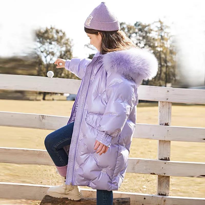Girls' Warm Down Jacket Thick and Windproof Mid-length Coat Korean Style Over-the-knee Winter Coat