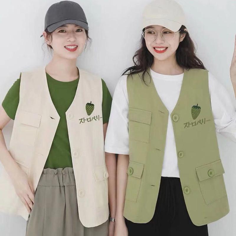 Strawberry Embroidery Women's Vest Coat Solid Color Sleeveless Spring and Summer Loose Casual Waistcoats