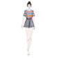 Shorts Set Summer Elastic Rainbow Stripe T-shirt Denim Shorts Two-piece Women's T-shirt Set