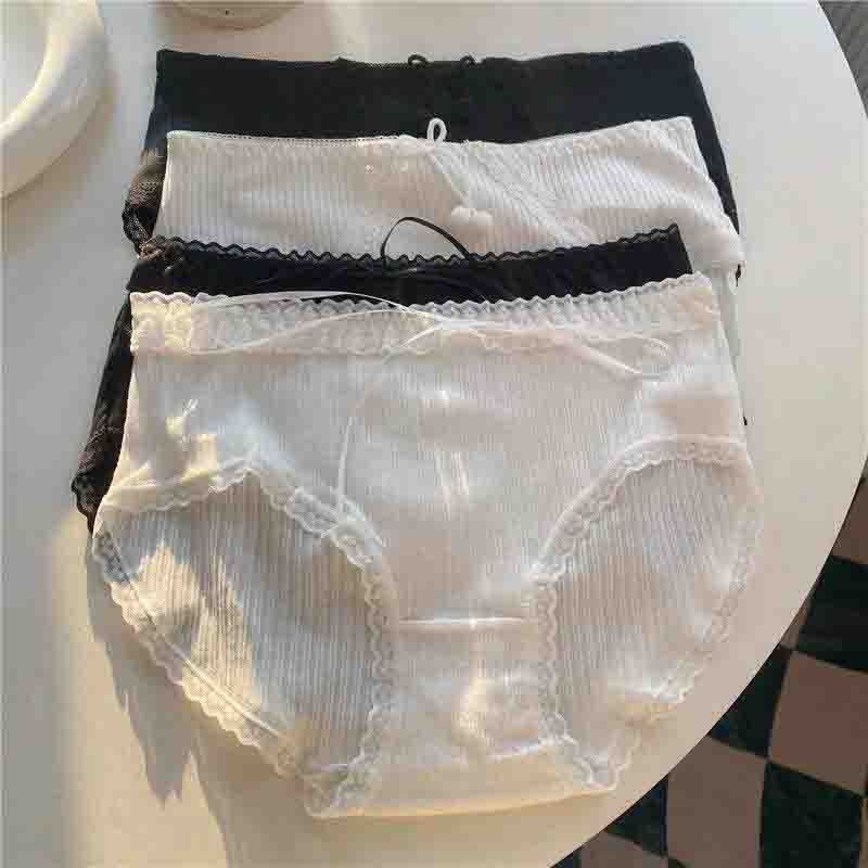 4pc Black and White Women's Panties Pure Desire Lace Lace Bow Pure Cotton Mid Waist Large Size