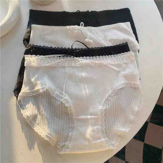 4pc Black and White Women's Panties Pure Desire Lace Lace Bow Pure Cotton Mid Waist Large Size