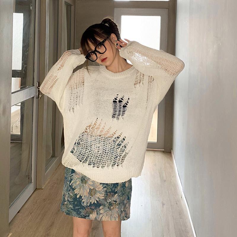 Openwork knitting T Shirt Casual Loose Clothes Tops Pure color Leisure Long Women Pullover Tee