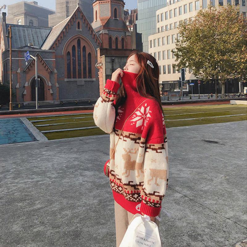Pofulove Christmas Turtleneck Sweater Women Winter Loose Elk Thickened Pullover Lazy Wind Tide