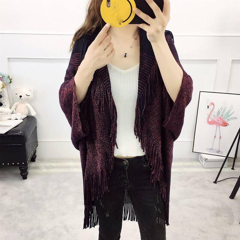 Loose Shawl Jacket Medium-length Women's Large-Size Knit Cardigan Cardigan Fringed Wild Cape Loose Large Fur Collar Knitwear Sweater Jacket