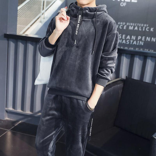 Gold Velvet Men's Sweater Suit Winter Fashion Hooded Plus Velvet Thick Korean Casual Sports Jacket