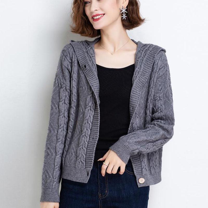 Autumn and Winter Knitted Hoodie Cardigan Short Loose Top Simple Solid Color Female Jacket