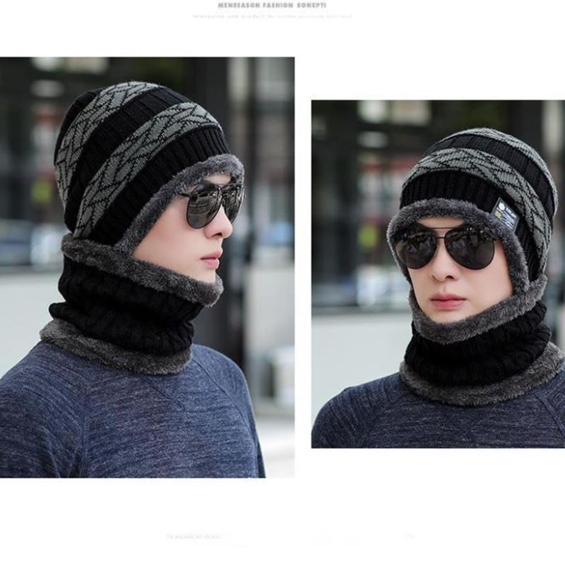 Winter Men's Knitted Hat Bib Suit Fashion Stitching Printed Wool Hat Outdoor Riding Plus Velvet Warm Hat