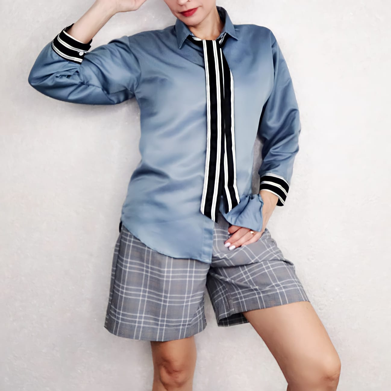Nine-point Sleeve Shirt for Women Design Sense Loose Solid Color Shirt with Tie