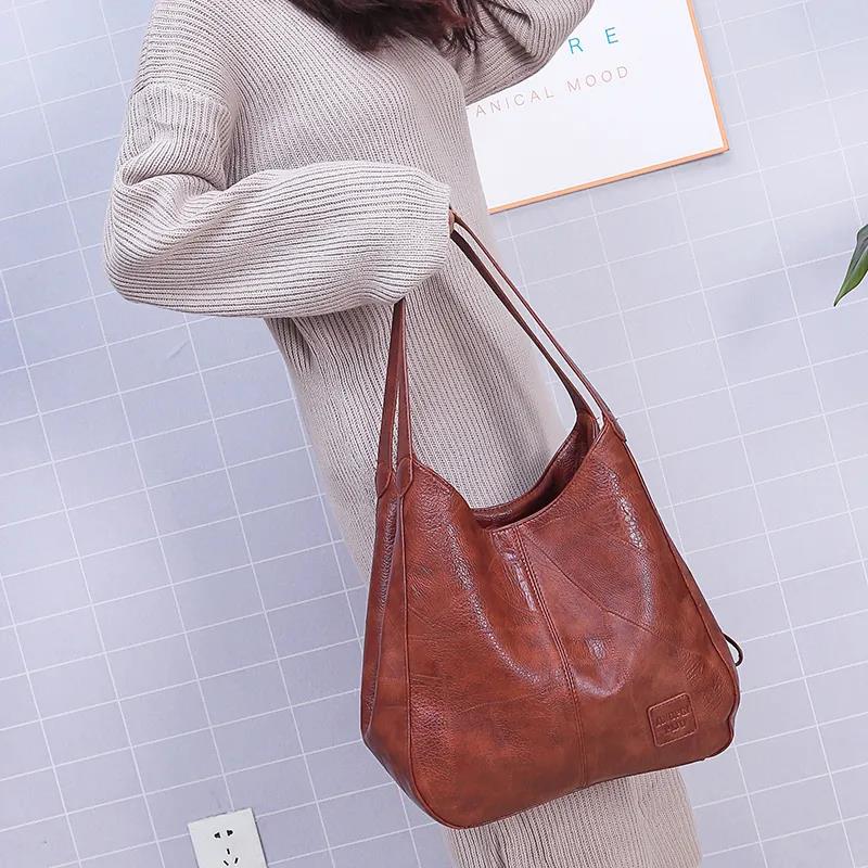 Vintage PU Leather Soft Leather All-match Tote Bag Simple One-shoulder Handbag Multi-layer Casual Lady Messenger Bag