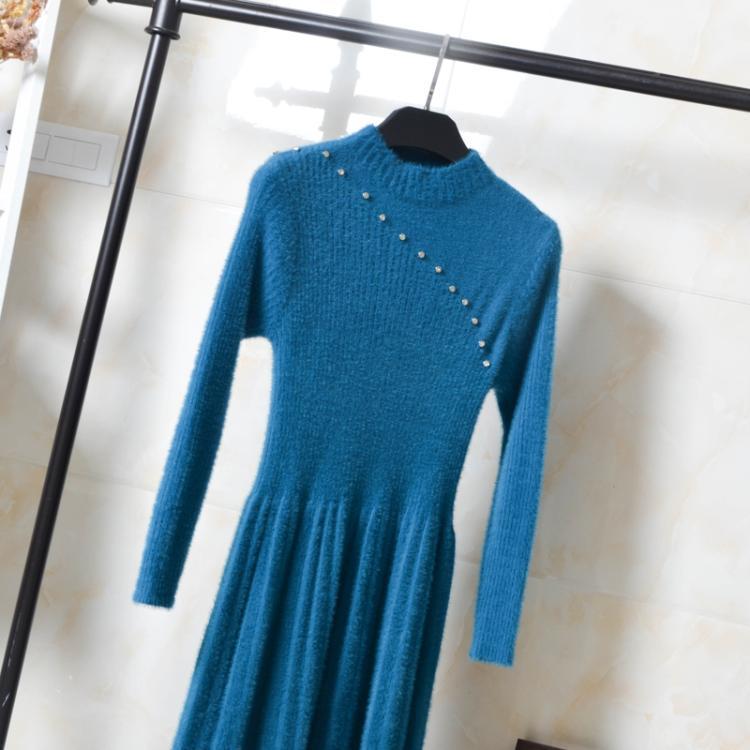 Coffee Color Knitted Bottoming Shirt Mink Sweater Long Sleeve O-Neck Pullover Winter Long Dress