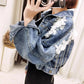 Spring and Autumn Three-dimensional Flower Embroidery Chain Tassel Loose Bat Sleeve Denim Short Jacket Women