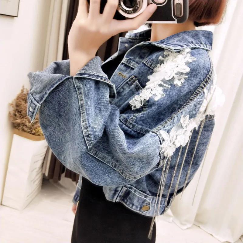 Spring and Autumn Three-dimensional Flower Embroidery Chain Tassel Loose Bat Sleeve Denim Short Jacket Women