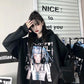 Punk Gothic Hoodies Black White Anime Printed Fashion Japanese Style Pullover Sweatshirts with Chain Girl Hip Hop Hipster Tops Fleece Thick Winter