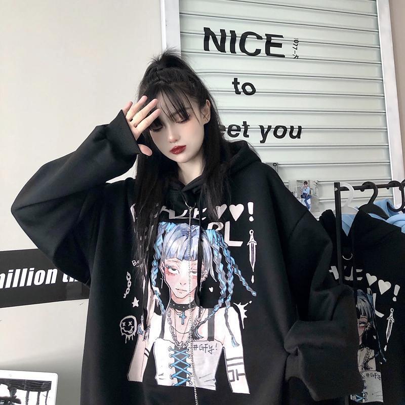 Punk Gothic Hoodies Black White Anime Printed Fashion Japanese Style Pullover Sweatshirts with Chain Girl Hip Hop Hipster Tops Fleece Thick Winter