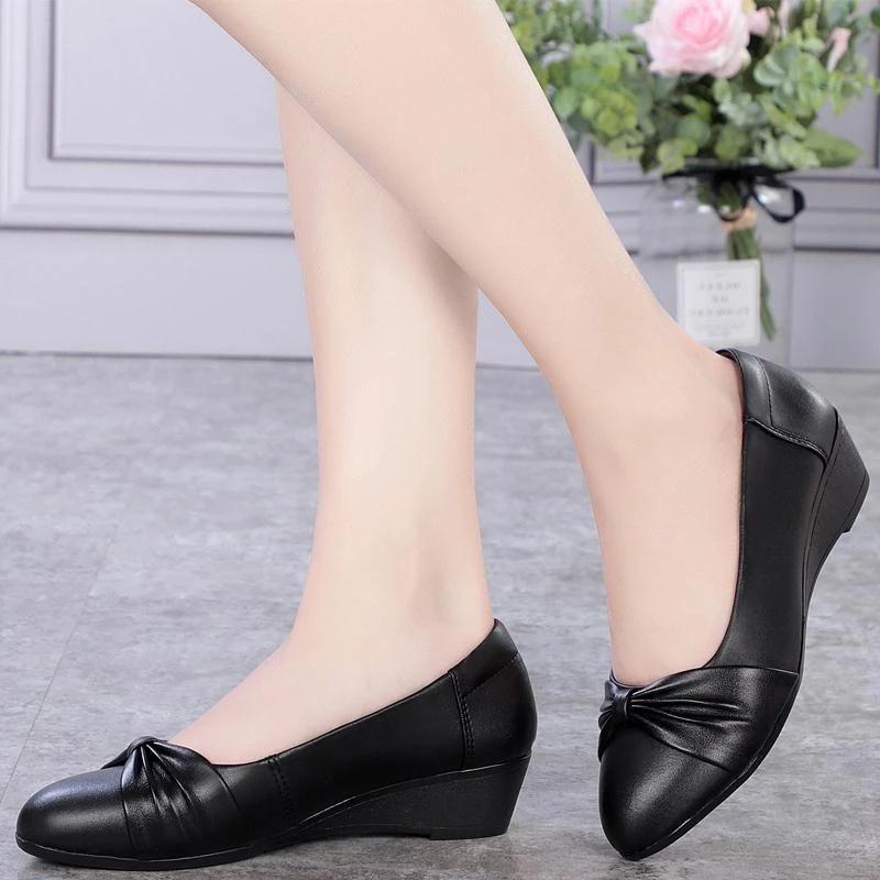 Office Shoes Women Wedges Heels Patent Leather Black Shoes Work Ladies Shoes Fashion Designer Elegant Slip on Zapatos