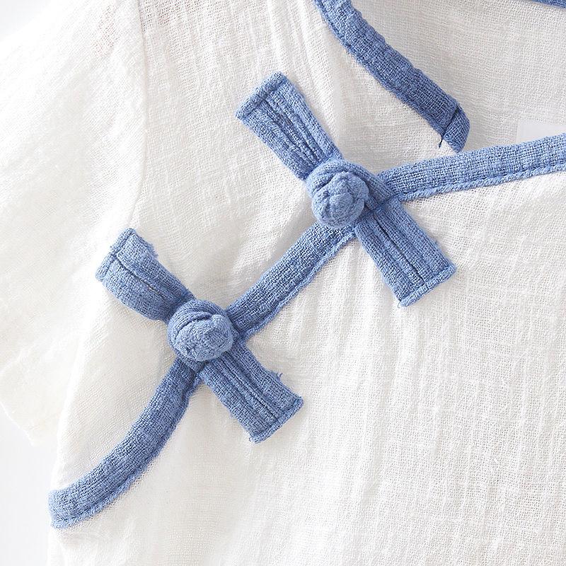 Children's Suit Summer Thin Boys Girls Loose T-shirt Shorts Two Piece Set Chinese Style Zen Pleated Button Ventilation