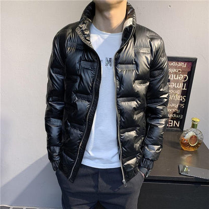 Korean Style Stand-up Collar Bright Embossed Men's Down Jacket Trendy Slim Short Down Jacket Winter Light Jacket